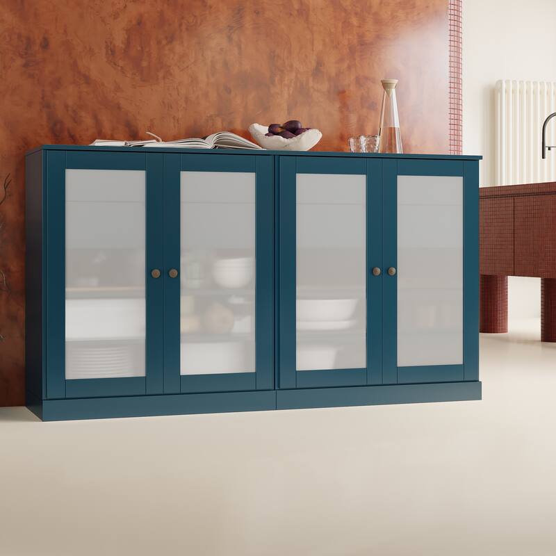 Palace Imports 100% Solid Wood 64" Sideboard with Frosted Glass Doors, 4-Drawers and Adjustable Shelves - Teal Blue
