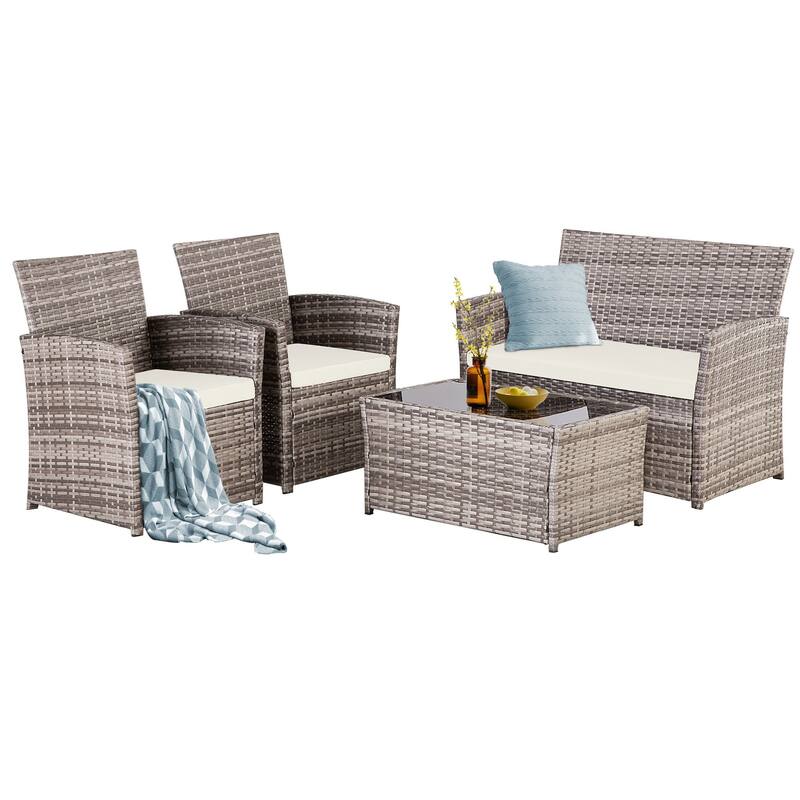 4 PCS Wicker Patio Conversation Set Rattan Seating Sofa Chair