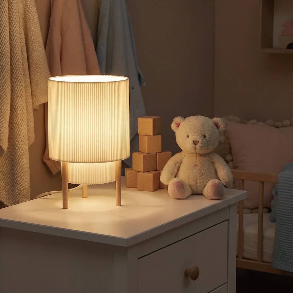 10" Mid-Century 2-Tier Table Lamp, Pleated Fabric Shade with Natural Rubber Wood Base, UL Listed