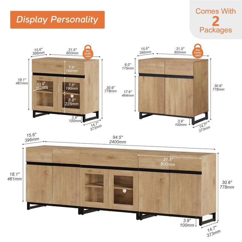 WAMPAT Modern Sideboard with Adjustable Shelves and Drawer, 3 in 1 Storage Cabinet with Glass Doors for Living Room, Kitchen
