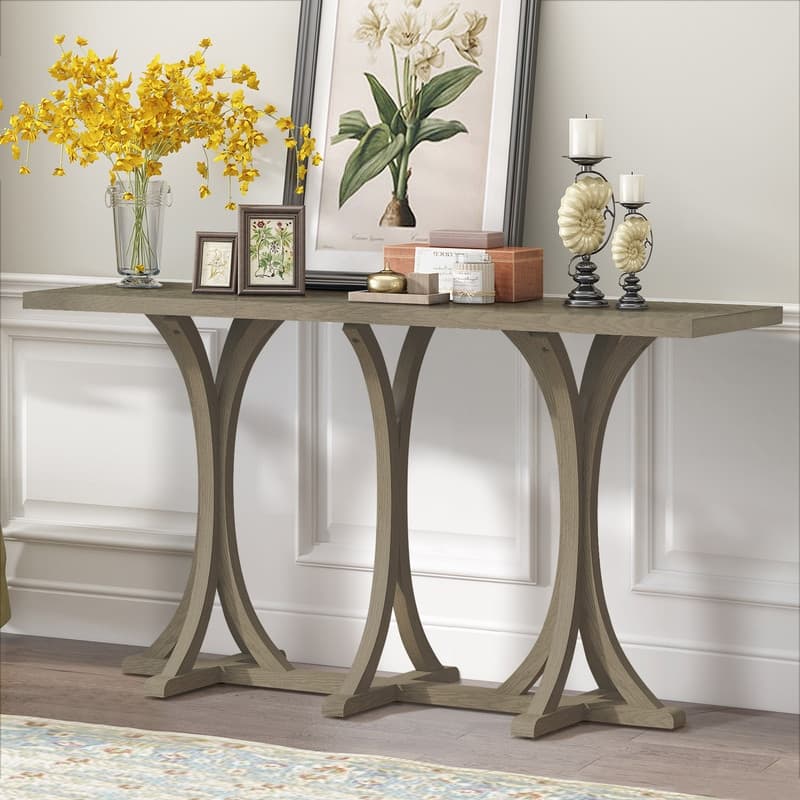 Wooden Console Table, Farmhouse Entryway Table with Oak Veneer Top and Rubberwood Curved Legs