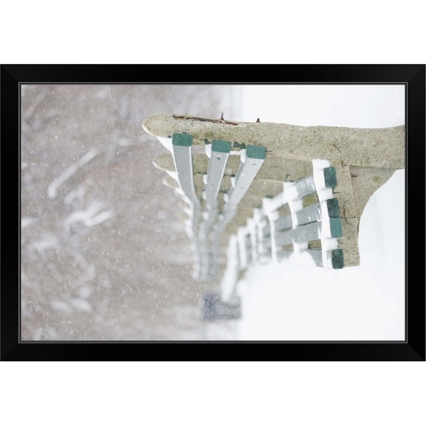 "Snowing on park benches, Boston, Massachusetts" Black Framed Print