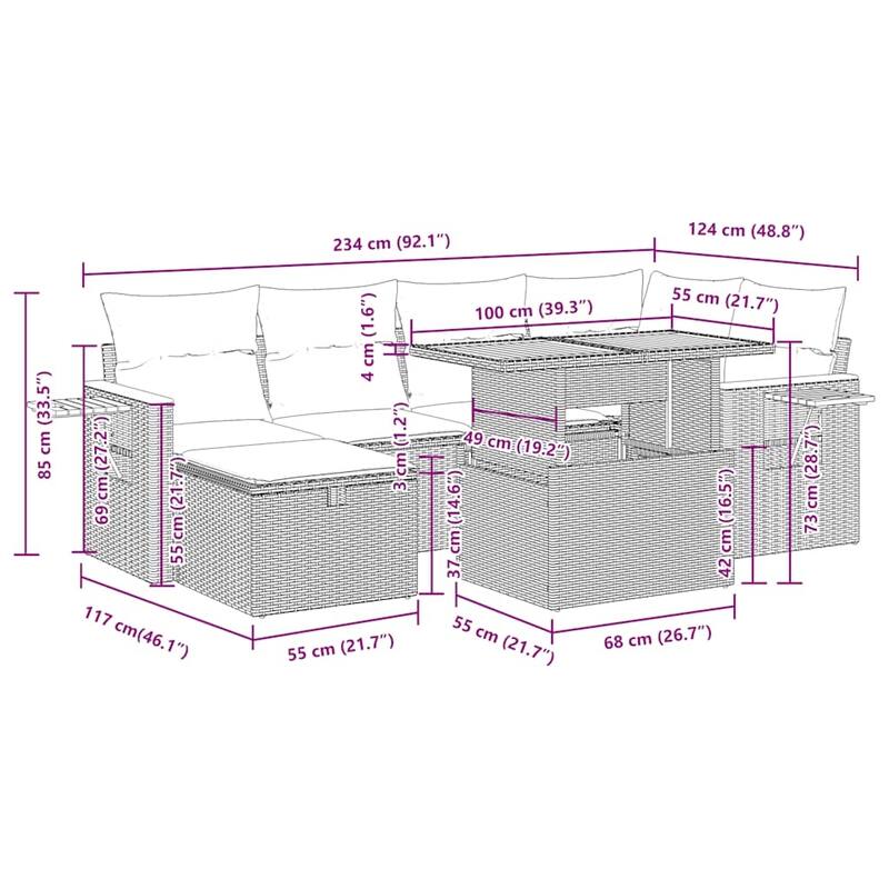vidaXL Patio Sofa Set with Cushions Outdoor Furniture 7 Piece Poly Rattan - 21.7 x 24.4 x 27.2