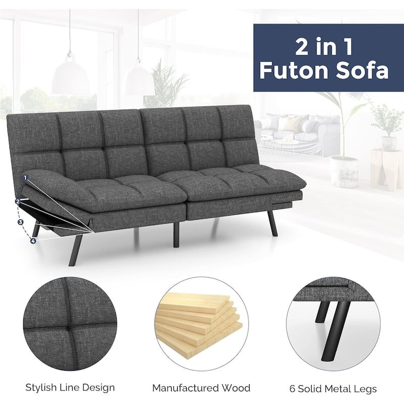 Futon Sofa Bed, Memory Foam Foldable Couch Convertible Loveseat Sleeper Daybed with Adjustable Armrests for Small Space