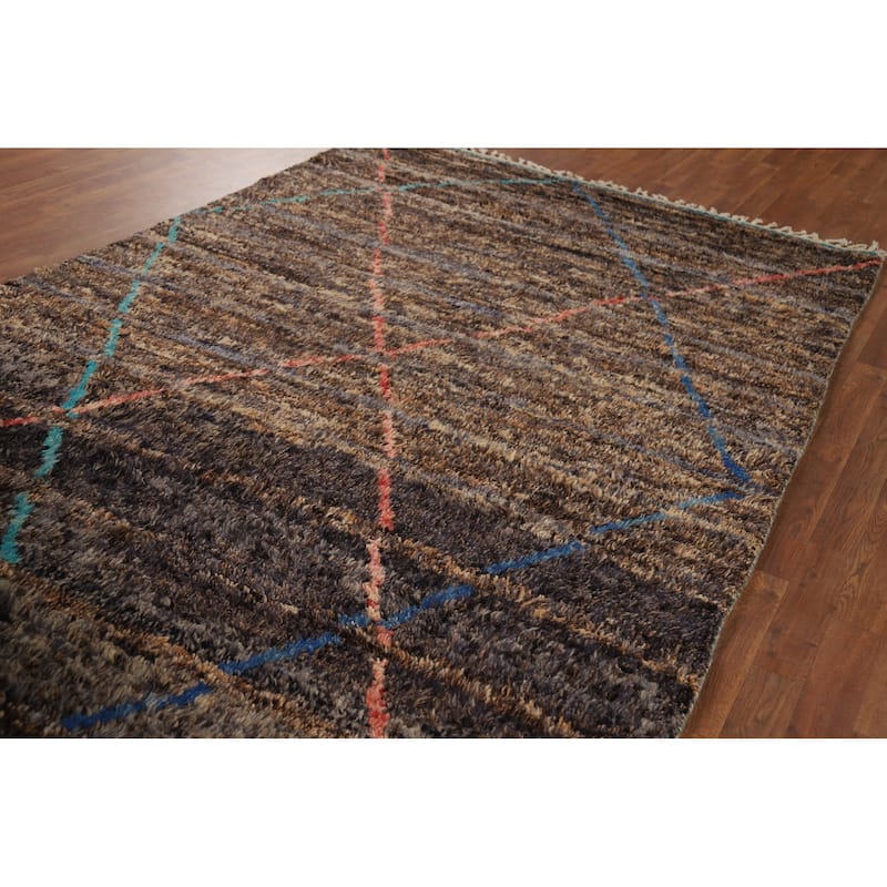 Brown Plush Moroccan Oriental Area Rug Hand-Knotted Wool Carpet - 6'1" x 10'0"