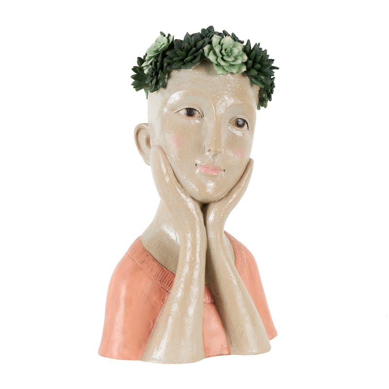 Beige Resin Bust Woman Planter with Succulent Crown and Top