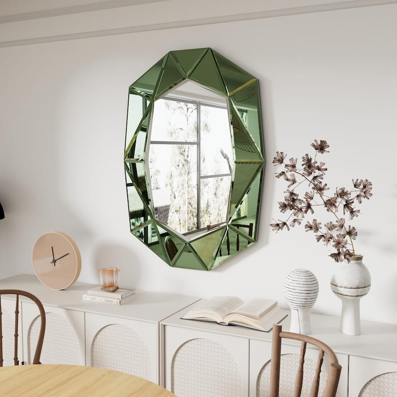 Irregular Glass Wall Art Mirror with Beveled Diamond Edge Accent Mirror - Green