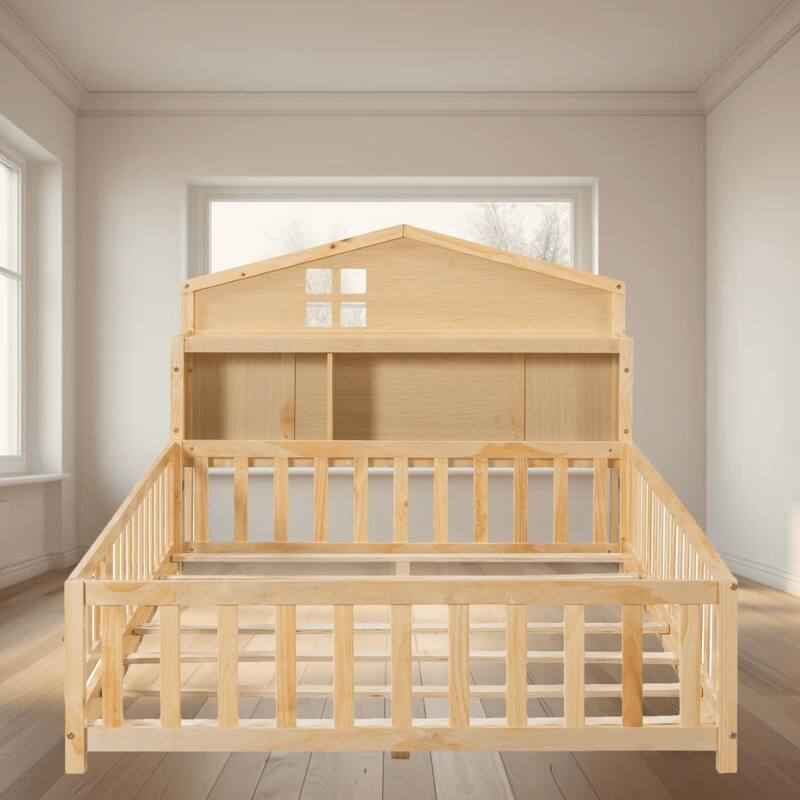 Full-Size Montessori Floor Platform Bed Frame with Bookcases, Chalkboard and Guardrails for Kids and Teens, Bedroom Furniture