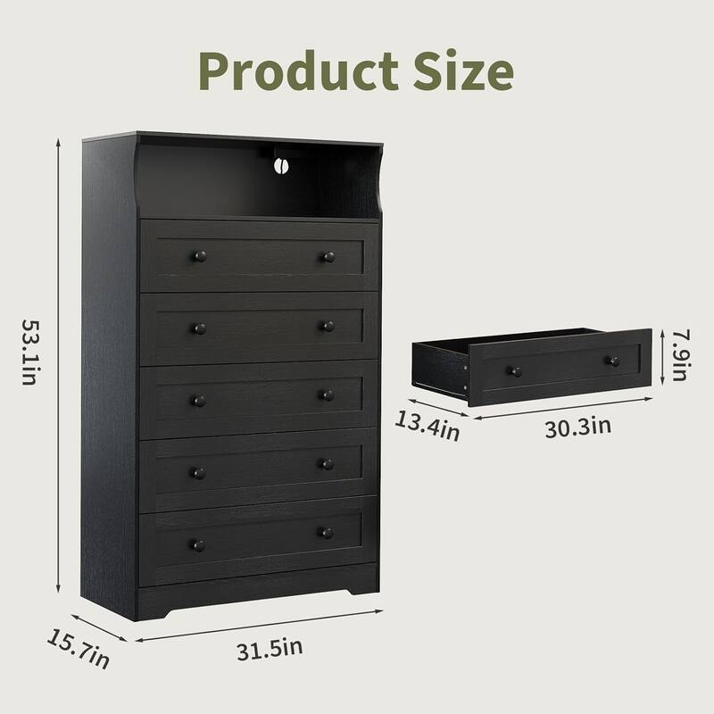 5 Drawer Dresser for Bedroom with Charging Station & LED Lights