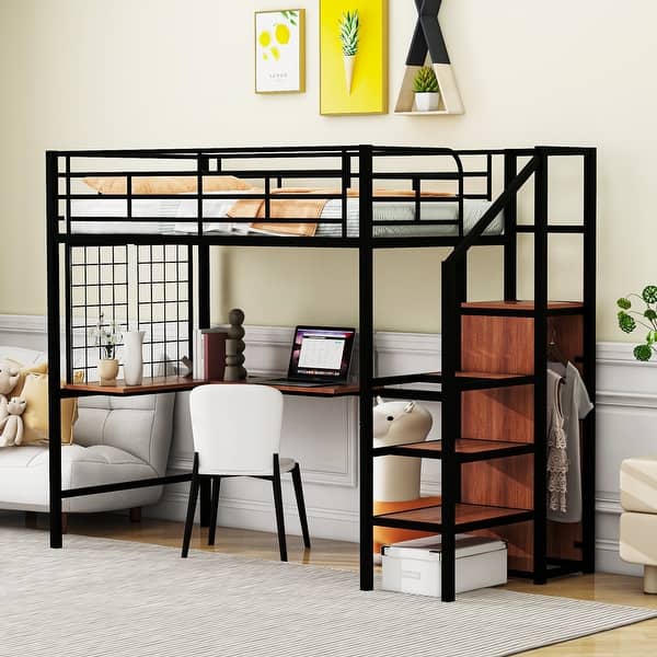 slide 2 of 18, Twin Size Metal Loft Bed with Desk & Metal Grid, Stylish Metal Frame Bed with Lateral Storage Ladder & Wardrobe, Black Black