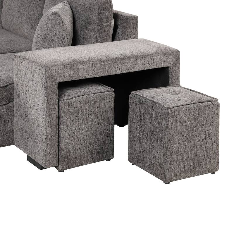 Modern L-Shape 3 Seat Reversible Sectional Couch, Pull Out Sleeper Sofa with Storage Chaise and 2 Stools