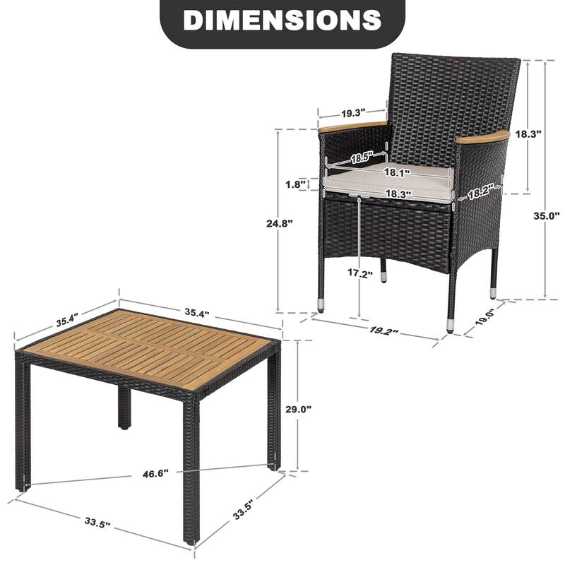 Acacia Wood Wicker Patio Dining Set with Cushions, Black