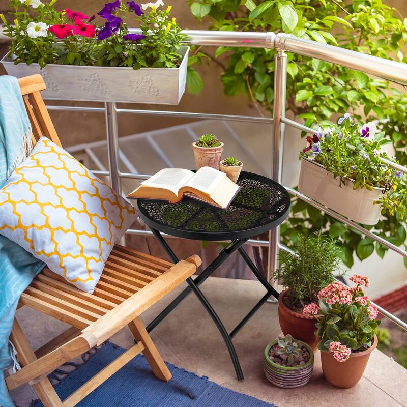 Black Iron Folding Patio Side Table with Flower Cutout Design - 18.1 x 18.1 x 18.7 in