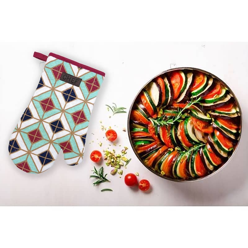 Chef's Vibrant Geometric Design Cotton Oven Mitt - Heat Resistant 11x7 Inch - Stylish Kitchen Essential - 11"L x 7"W x 1"H