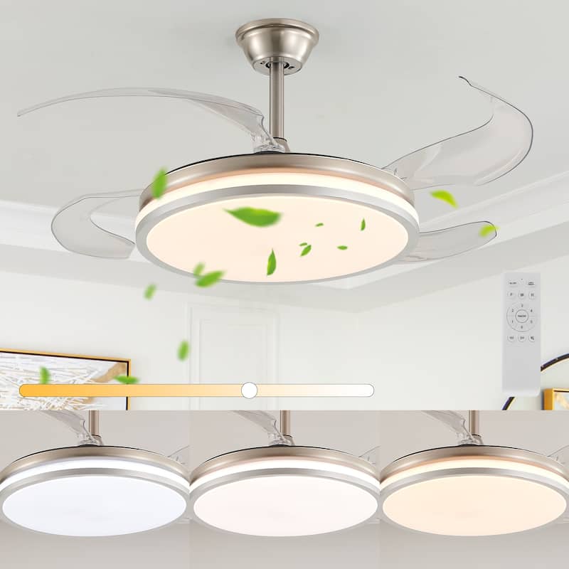 42 Inch 2 Tiers Design Modern LED Ceiling Fan with Light and Remote Control, Retractable Blades, Adjustable 6 Speed - Chrome - Chrome