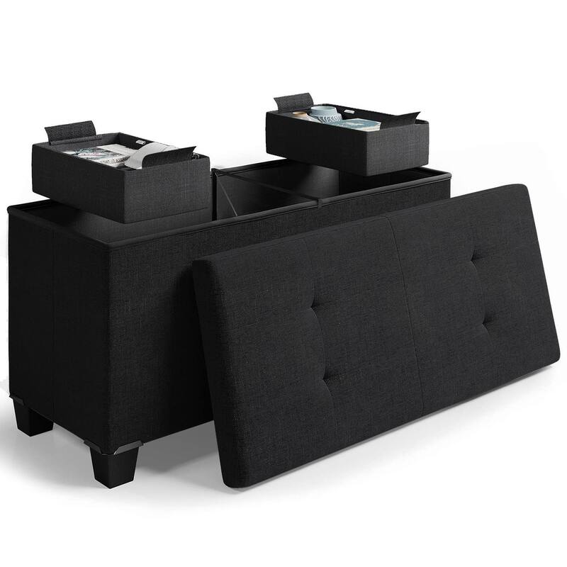 Folding Storage Ottoman Bench for Bedroom or Living Room Linen Fabric with Storage Bins,End of Bed Foot Rest, Holds Up To 660lbs - Black