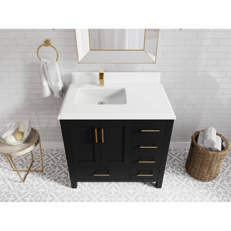 Willow Collections 36 in. W x 22 in. D Malibu Left Offset Sink Bathroom Vanity with Countertop - 1.5" White Quartz - Black