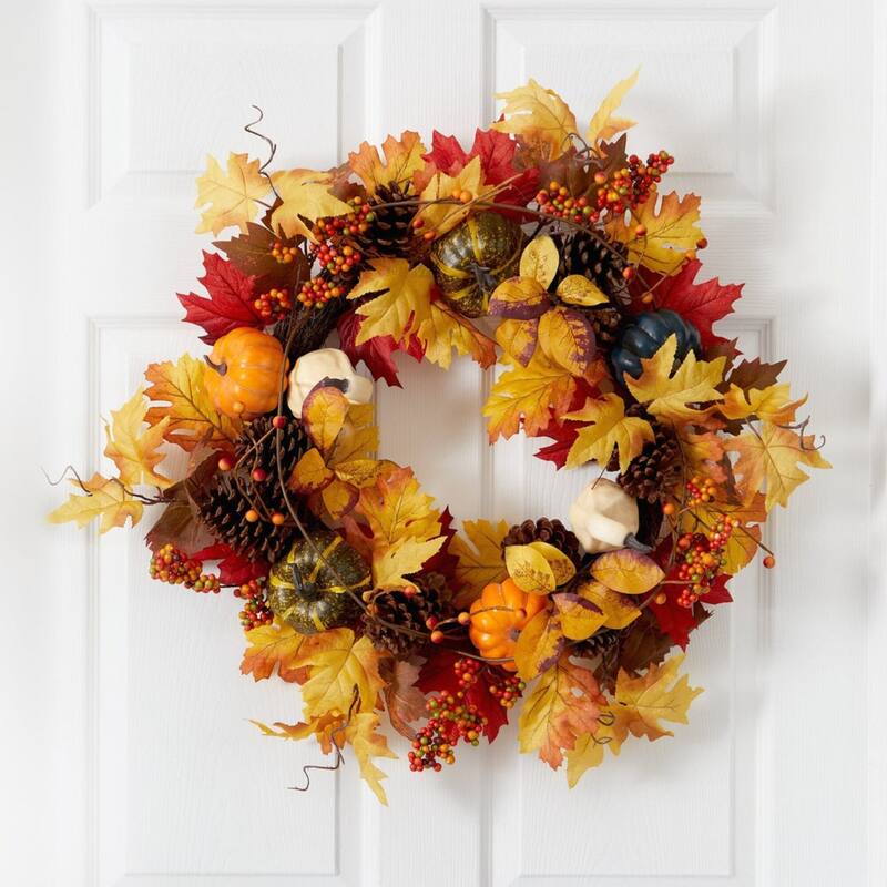 Maple Leaves and Pumpkin Artificial Fall Harvest Wreath - 26" - Unlit