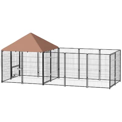 Coffee Steel Doghouse and Activity Pen with Adjustable Bowl Rack - 11.3' L x 4.7' W x 5.1' H