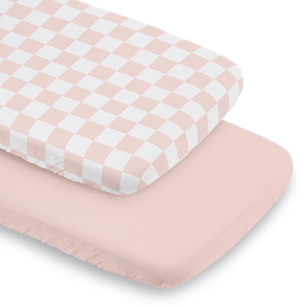 Sweet Jojo Designs Pink Gingham Checkered Plaid Girl 2 Pack Baby Bassinet Fitted Sheets - Solid Blush and Vintage, Checkerboard
