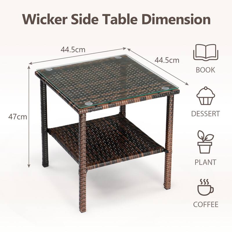 Square Outdoor Tea End Table Wicker Rattan Steel Frame with Tempered Glass Patio Balcony Garden - 17.52" L x 17.52" W x 18.5" H