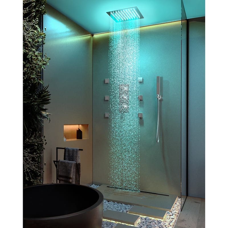 GRANDJOY Shower System 12 inch Ceiling Mount Rainfall Shower Head Body Jets Handheld Spray Combo 64 Colors LED