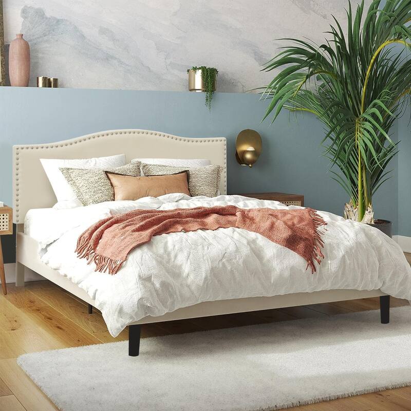 Javlergo Upholstered Platform Bed Frame with Adjustable Headboard, Strong Frame and Wooden Slats Support, Easy Assembly