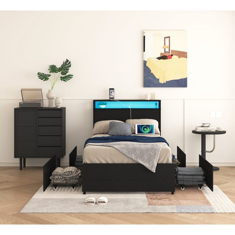 Twin Size Practical Storage Bed with 4 Drawers, Smart LED Platform Bed with Charging Station, Heavy Duty Metal Twin Bed Frame
