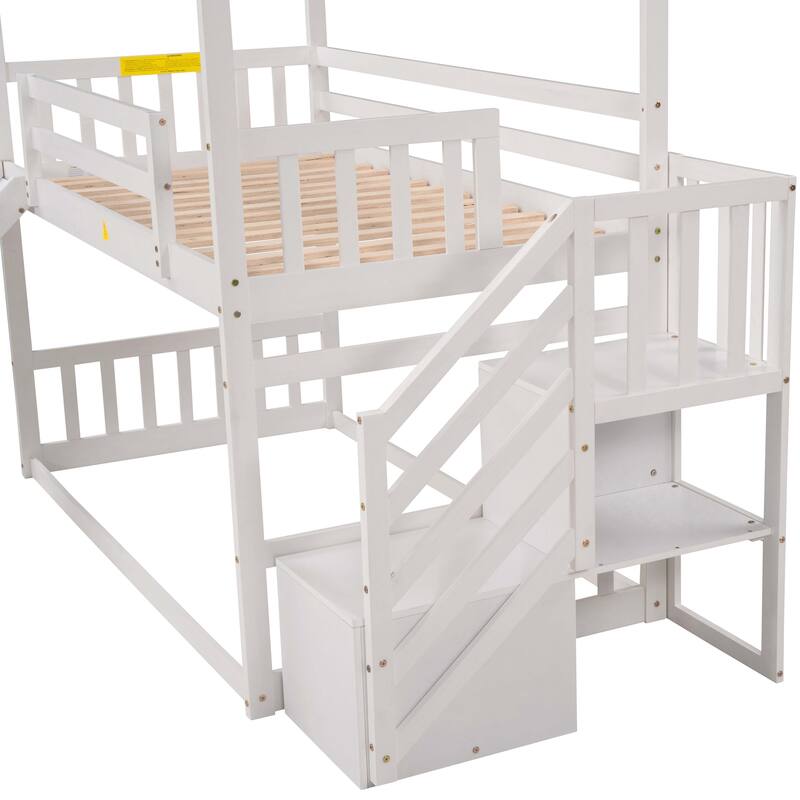 Twin Over Twin House Bunk Bed w/Convertible Slide & Storage Staircase