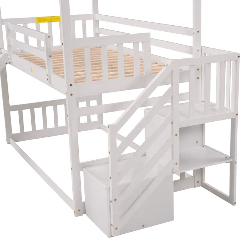 Twin Size Wood House Bunk Bed with Convertible Slide and Storage Staircase, Solid Pinewood Twin over Twin Bunk Bed Frame