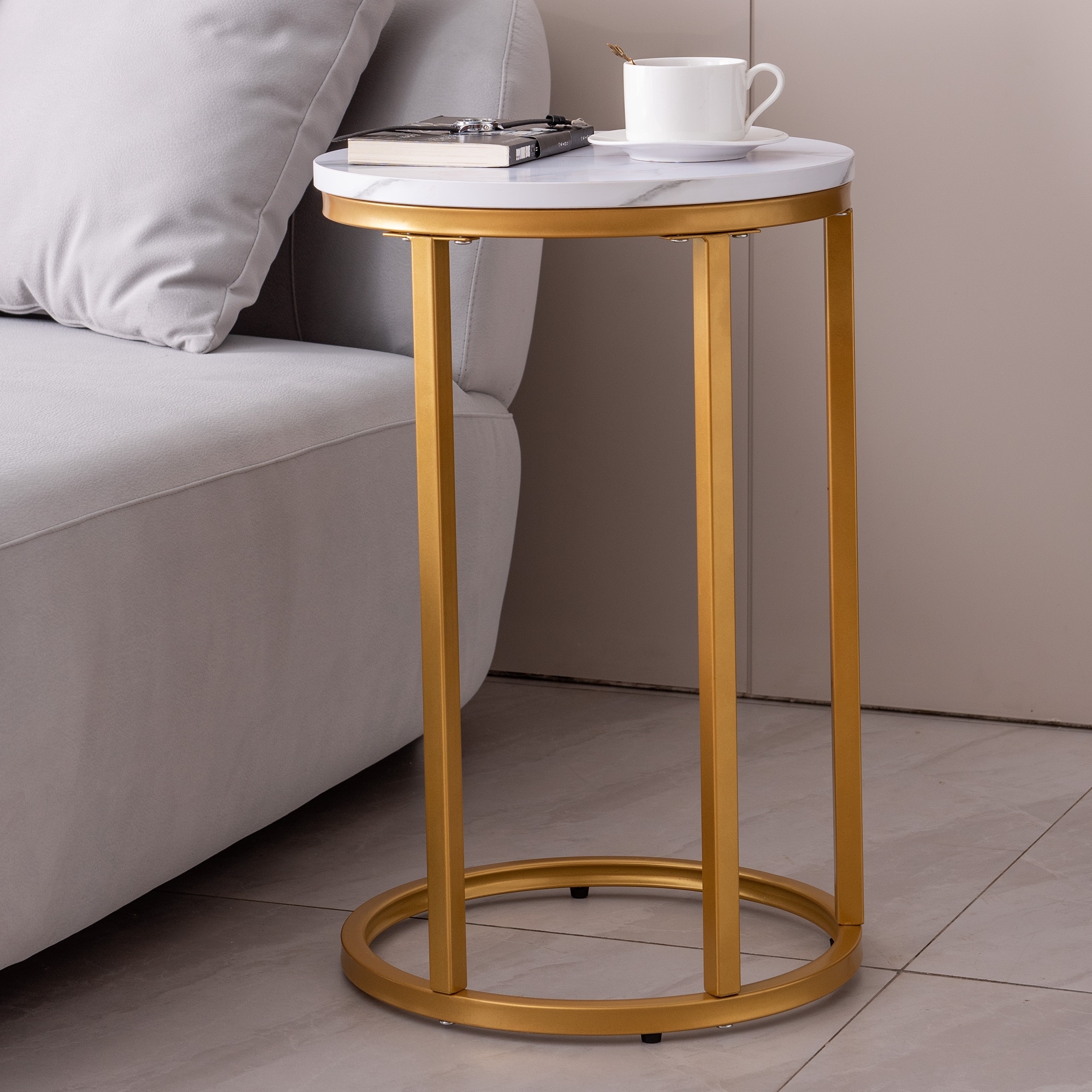 Modern C-Shaped End/Side Table,Golden Metal Frame With Round Marble Color Top-15.75" Coated Metal Legs,end Tables