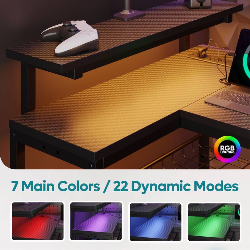 Reversible L Shaped Desk LED Computer Desk with Power Outlets and Monitor Stand Office Desk