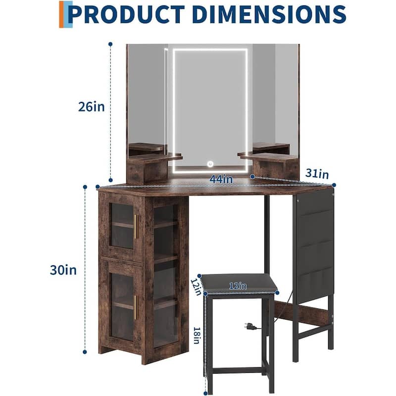Corner Vanity Desk and Stool, Makeup Dressing Table Set with Light Mirror