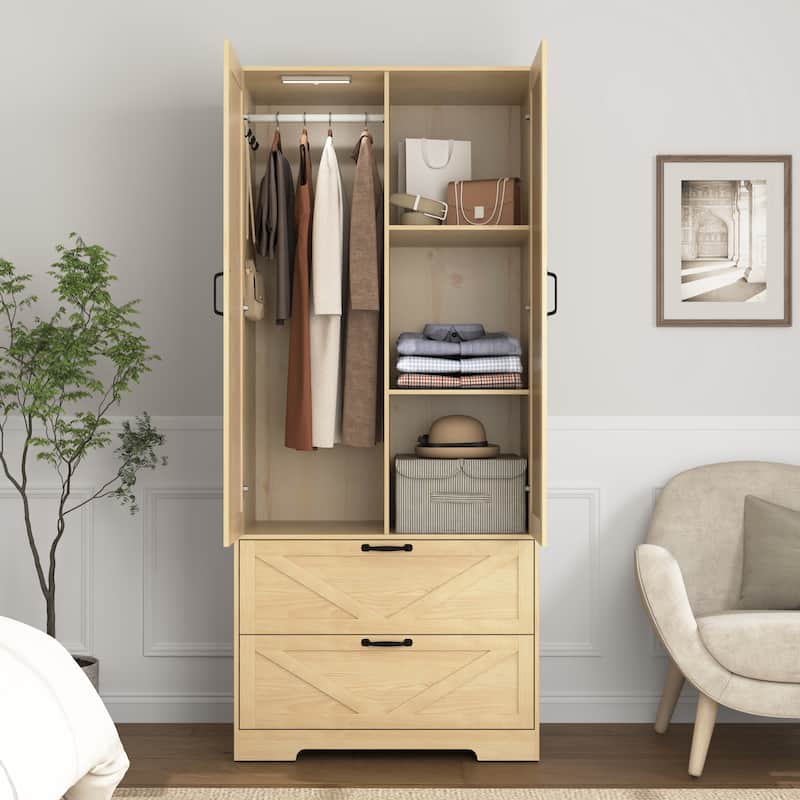 LED Wardrobe Cabinet Bedroom Tall Armoire with Mirror, Folding and Hanging Areas