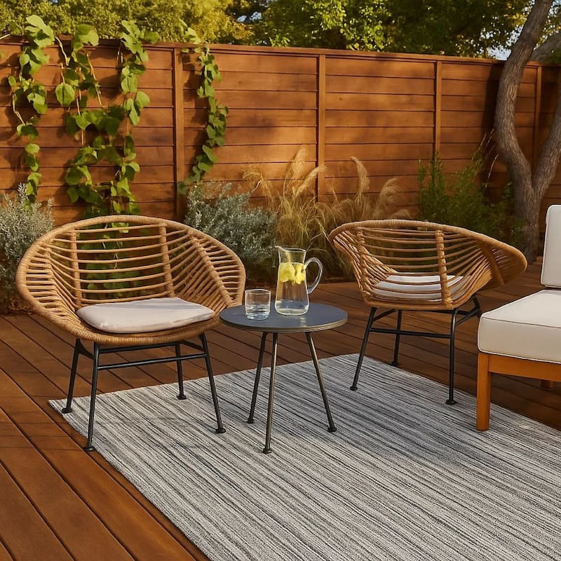 Outdoor Accent Chair Set of 2, Beige, Basket Brown Faux Rattan, Black