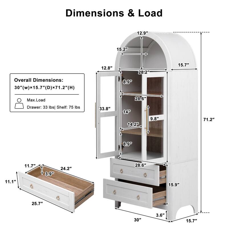 Arched Pantry Cabinet with 2 Drawers, Multifunctional Wooden Sideboard, Storage Cabinet with Adjustable Shelves & Glass Door