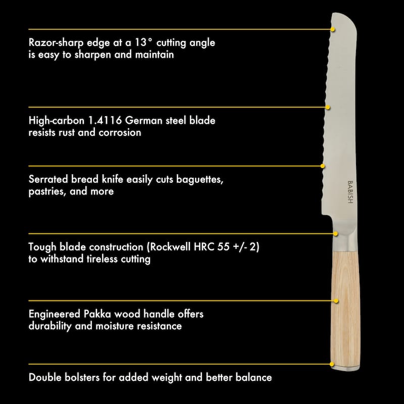 Babish High Carbon 1.4116 German Steel Full Tang 8-Inch Bread Serrated Knife for Slicing Bread, Crusting & Artisan Loaves