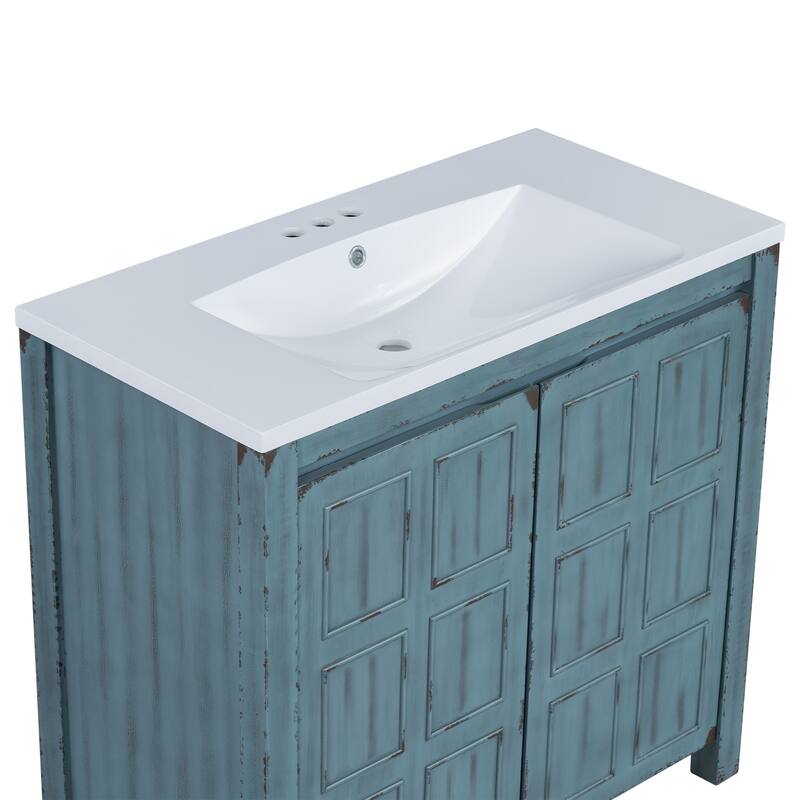 36" Bathroom Vanity with Undermount Resin Sink, Retro Blue Bathroom Storage Cabinet with Adjustable Shelves, Solid Wood Frame