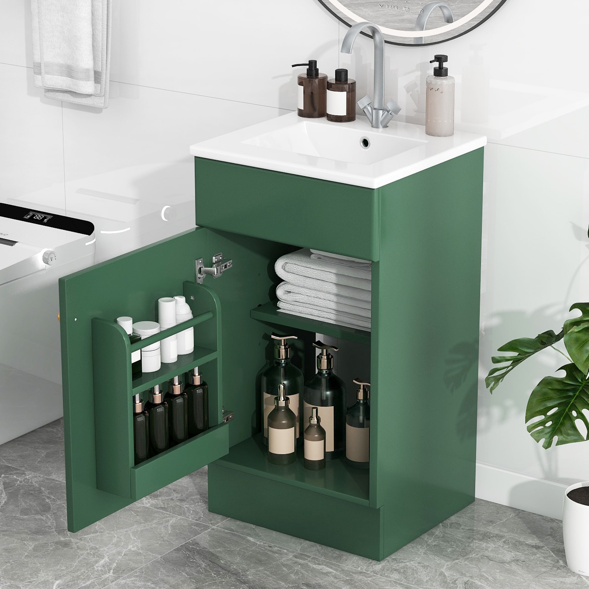 Bathroom Vanity with Ceramic Sink, Small Bathroom Sink Cabinet with Storage Rack, Bathroom Cabinet with Adjustable Shelf