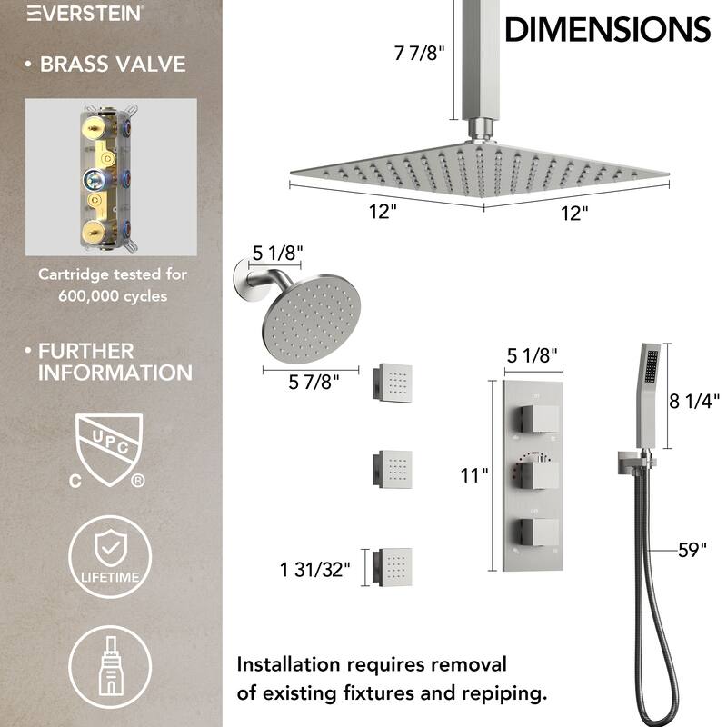 Thermostatic Dual Heads 12" Multi-Function Shower System with 3 Body Sprays