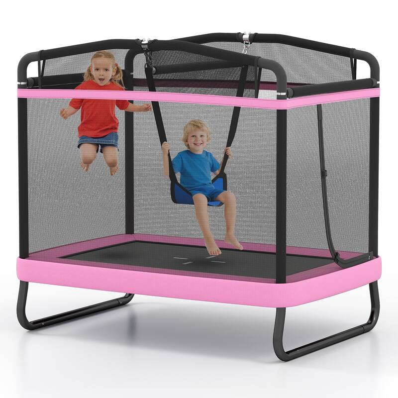 Gymax 6 FT Kids Trampoline w/Swing & Horizontal Bar Safety Enclosure - Pink