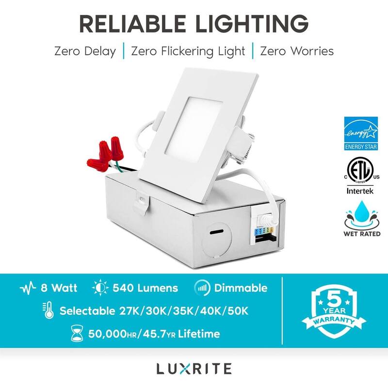 Luxrite 12 Pack 3" Square Ultra Thin LED Recessed Light with J-Box 8W 5 Color Selectable Dimmable 540 Lumens IC Rated