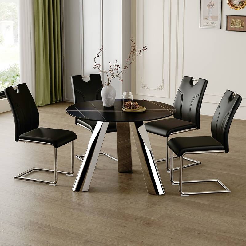 A 42-Inch Stainless Steel Leg Round Table,Paired with 4 Uniquely Designed Dining Chairs with Metal Leg