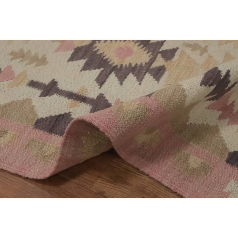 Hand Woven Oriental 100% Wool Carpet Southwestern Tribal Beige & Ivories Kilim Runner Rug - 12' 10'' X 2' 7''