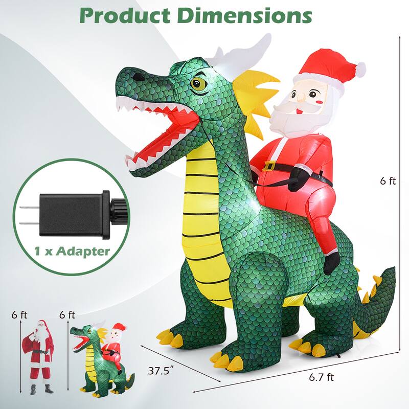 6.7 FT Santa Riding Dinosaur Inflatable Christmas Decoration with LED Lights and Blower - 6.7 ft x 3 ft x 6 ft
