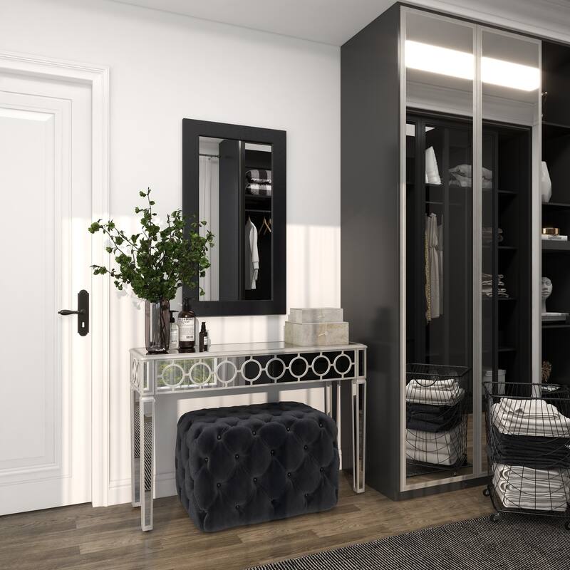 Silver Glass Mirrored Geometric Console Table with Circular Panel Inlay