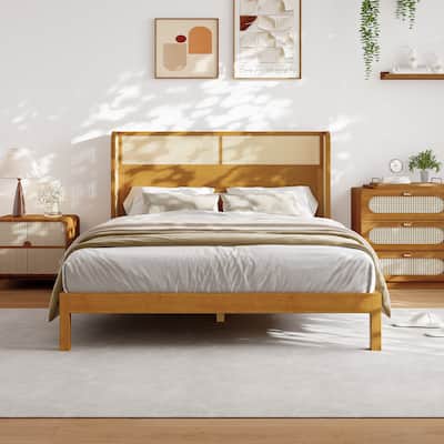 Premium Rubber Wood Bed Frame, Boho Style Platform Bed with Wingback Headboard, Natural Rattan Decoration