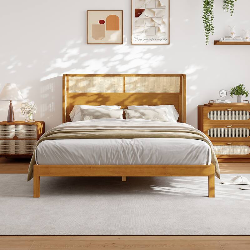 Queen Size Rubber Wood Platform Bed Frame with Headboard, Mid Century Modern Design
