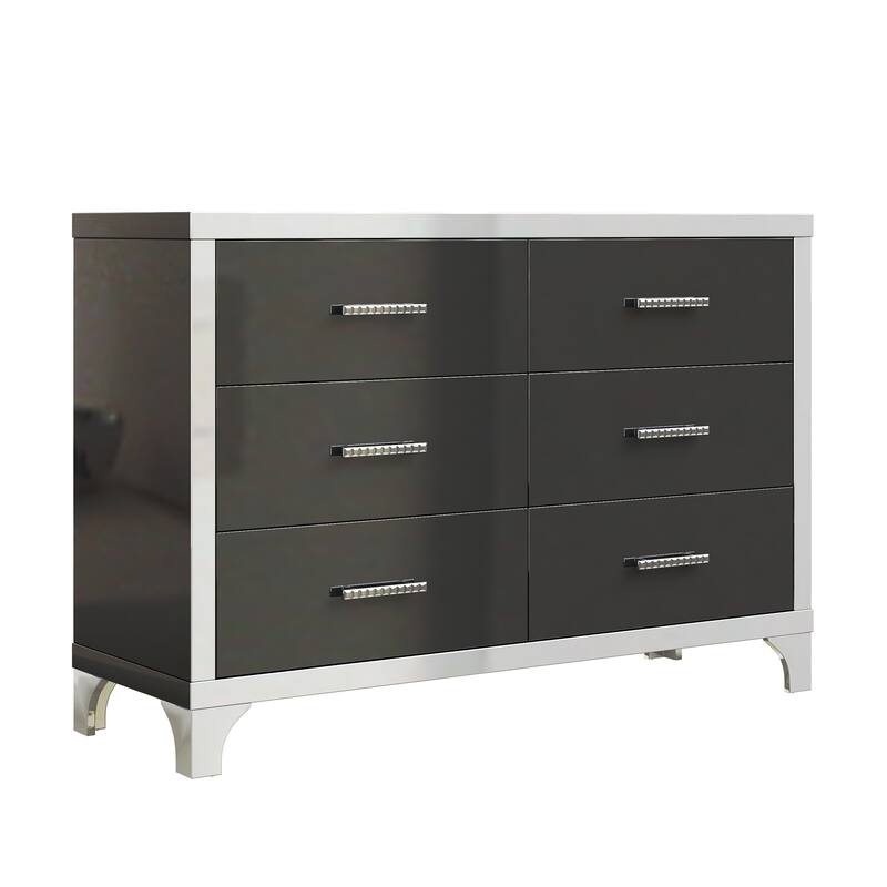 Elegant High Gloss Dresser with Metal Handle,Mirrored Storage Cabinet with 6 Drawers for Bedroom