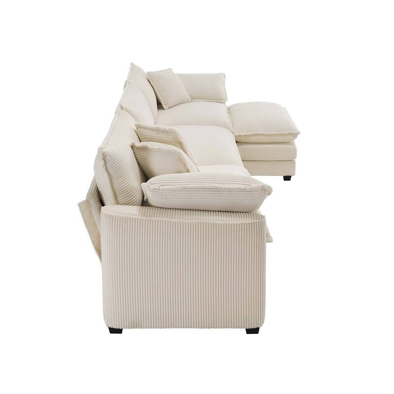 Beige 115" Corduroy Modular L-Shaped Sectional Sofa with Ottoman